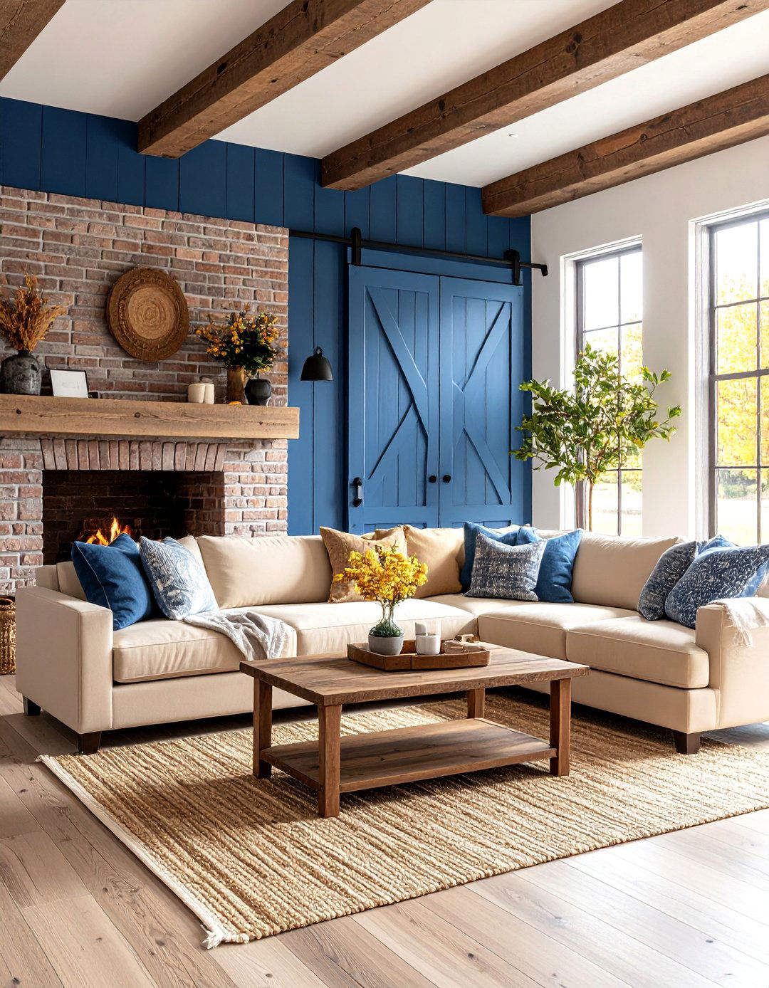 Modern Farmhouse Blue Barn Door Feature Wall - 25 blue and beige living room ideas