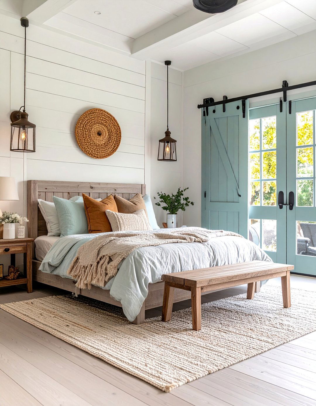 Modern Farmhouse Coastal Bedroom with Sliding Barn Door - 25 Coastal Bedroom Ideas