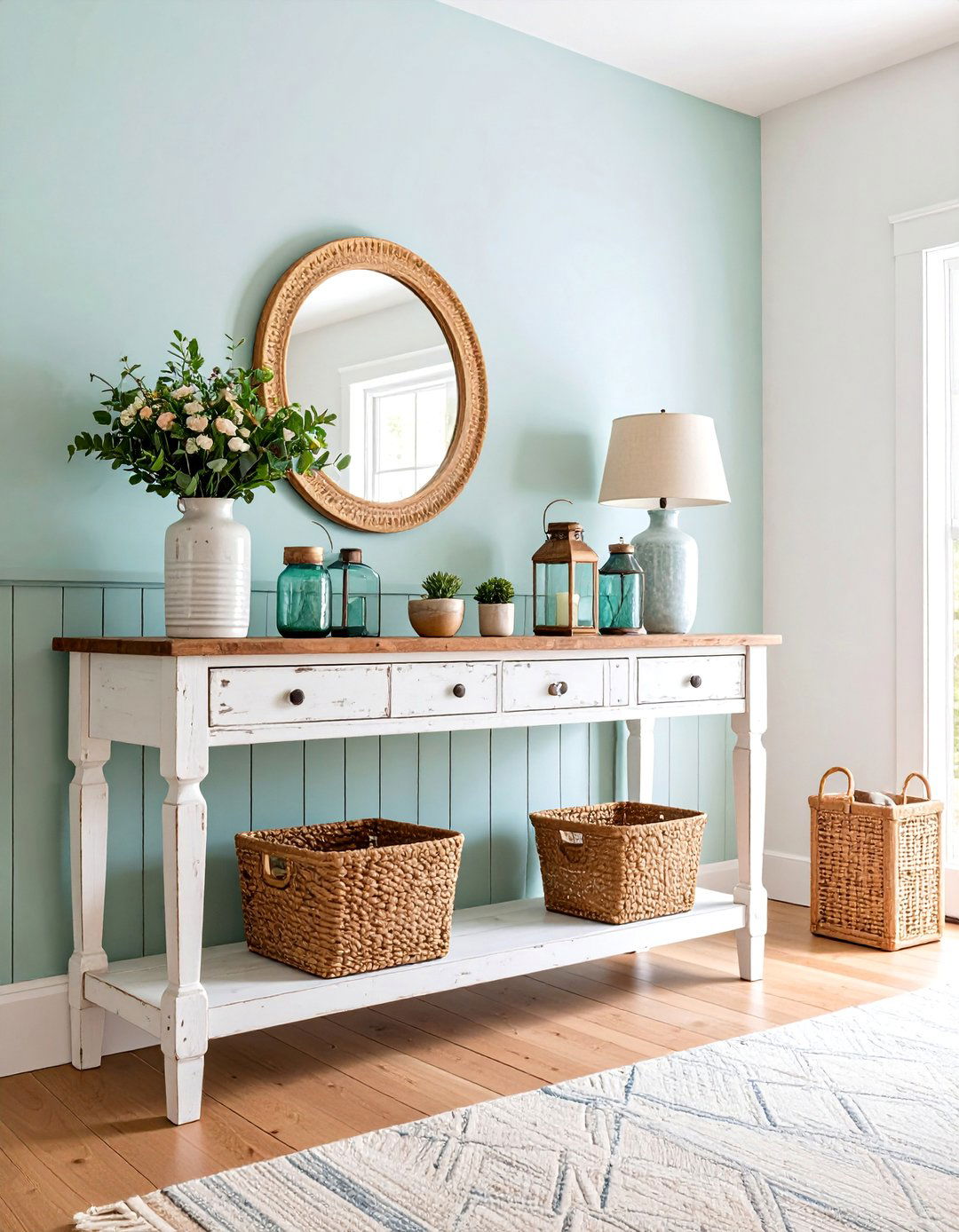 Modern Farmhouse Console with Weathered Wood Accents - 25 Sofa Table Decor Ideas
