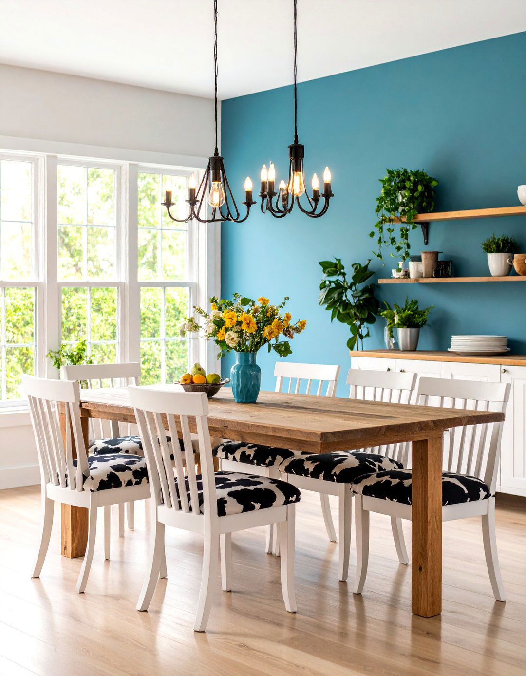 Modern Farmhouse Dining Room with Cow Print Chair Cushions - 25 Cow Print Room Decor Ideas