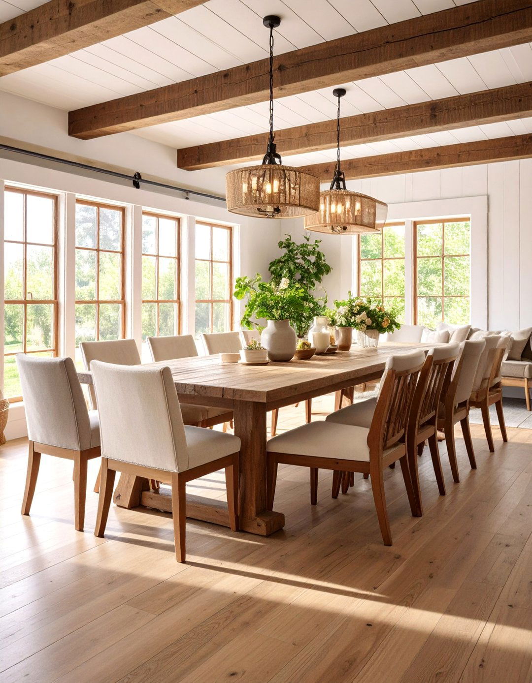 Modern Farmhouse Dining Room with Mixed Seating - 25 Casual Dining Room Ideas