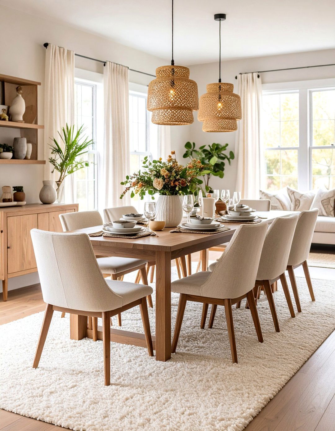 Modern Farmhouse Dining Room with Neutral Shag Carpet - 25 Carpeted Dining Room Ideas