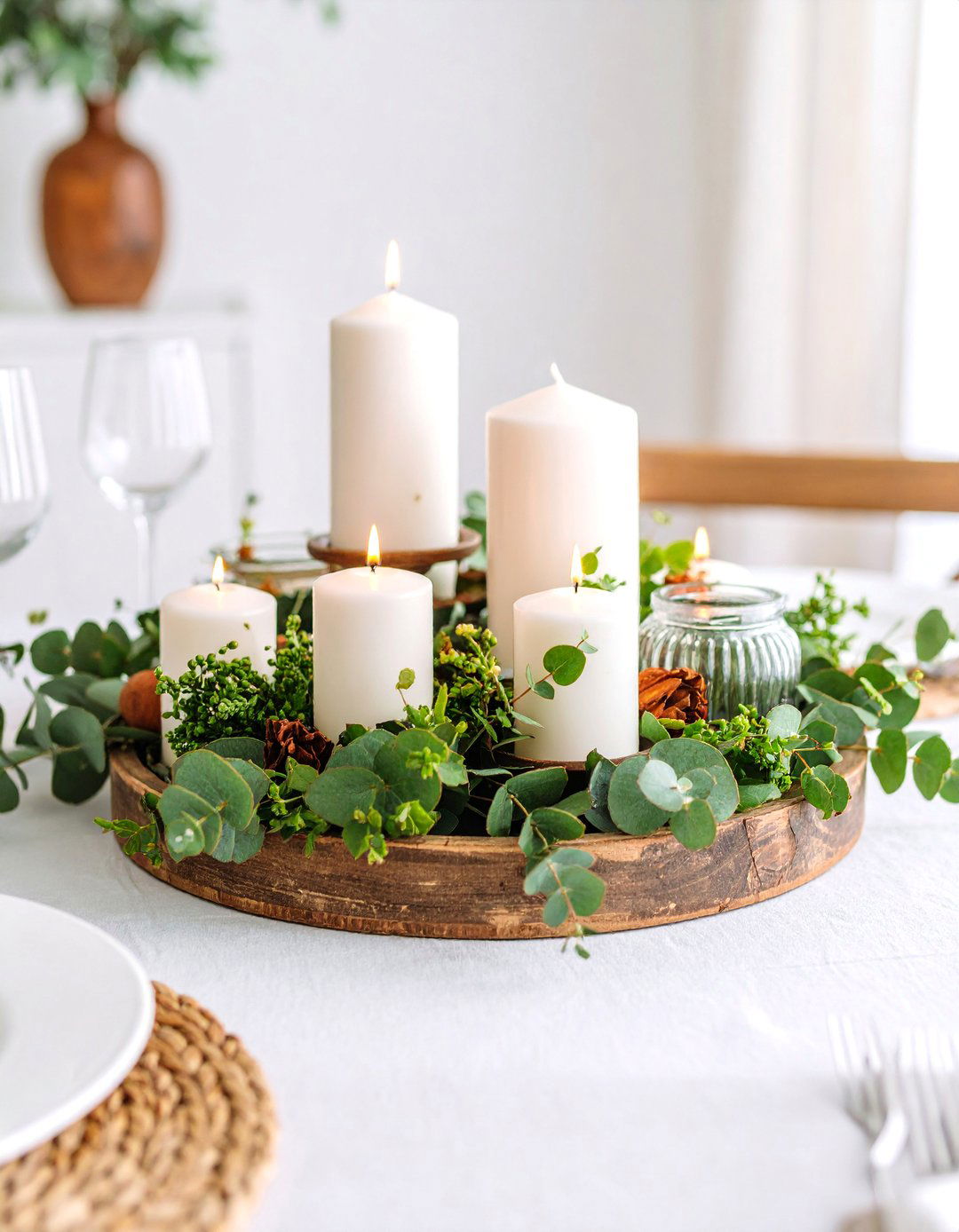 Modern Farmhouse Dining Table with Rustic Wood Centerpiece - 25 Dining Table Decor Ideas