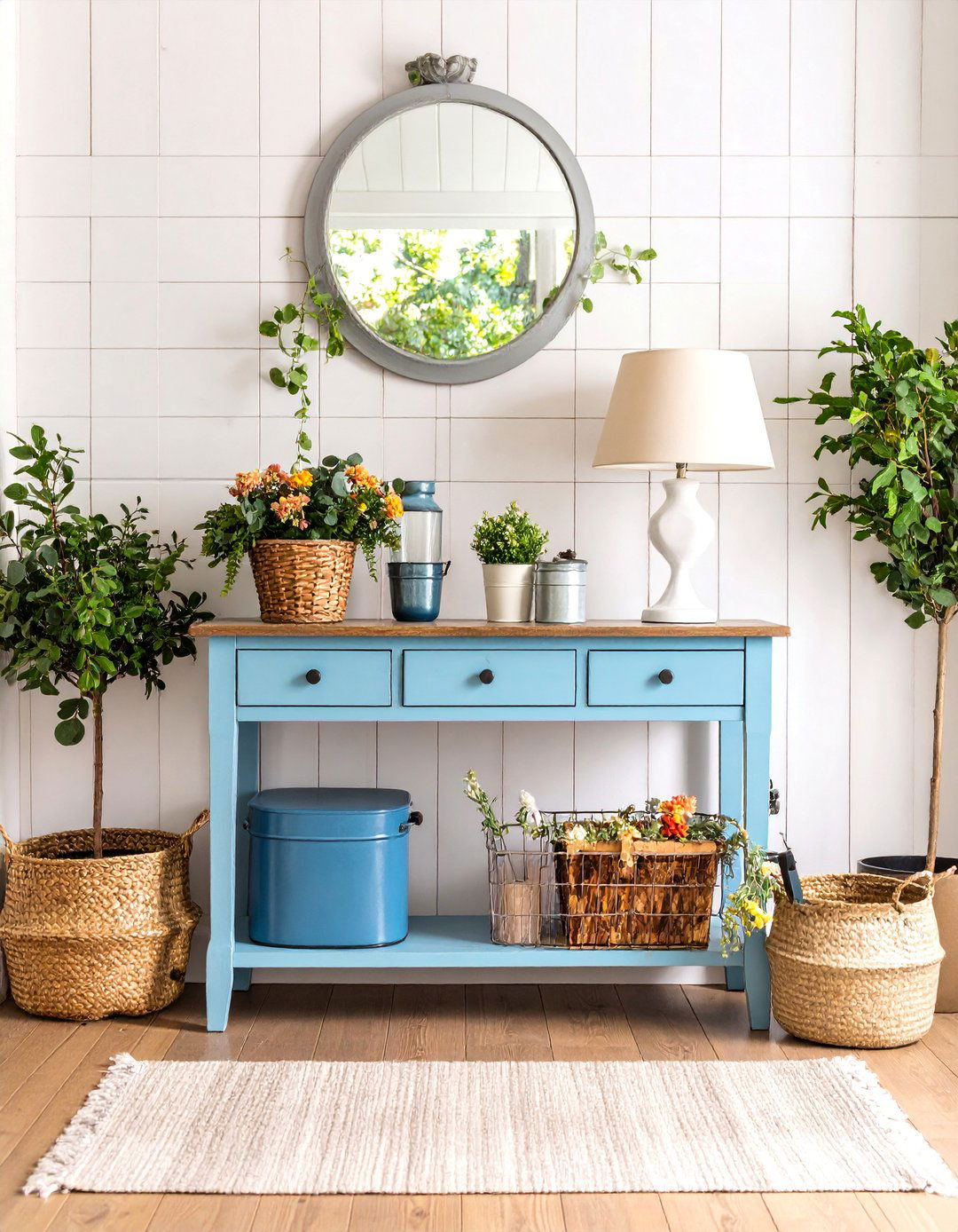 Modern Farmhouse Entryway Table with Shiplap Backdrop - 25 entryway table decor ideas
