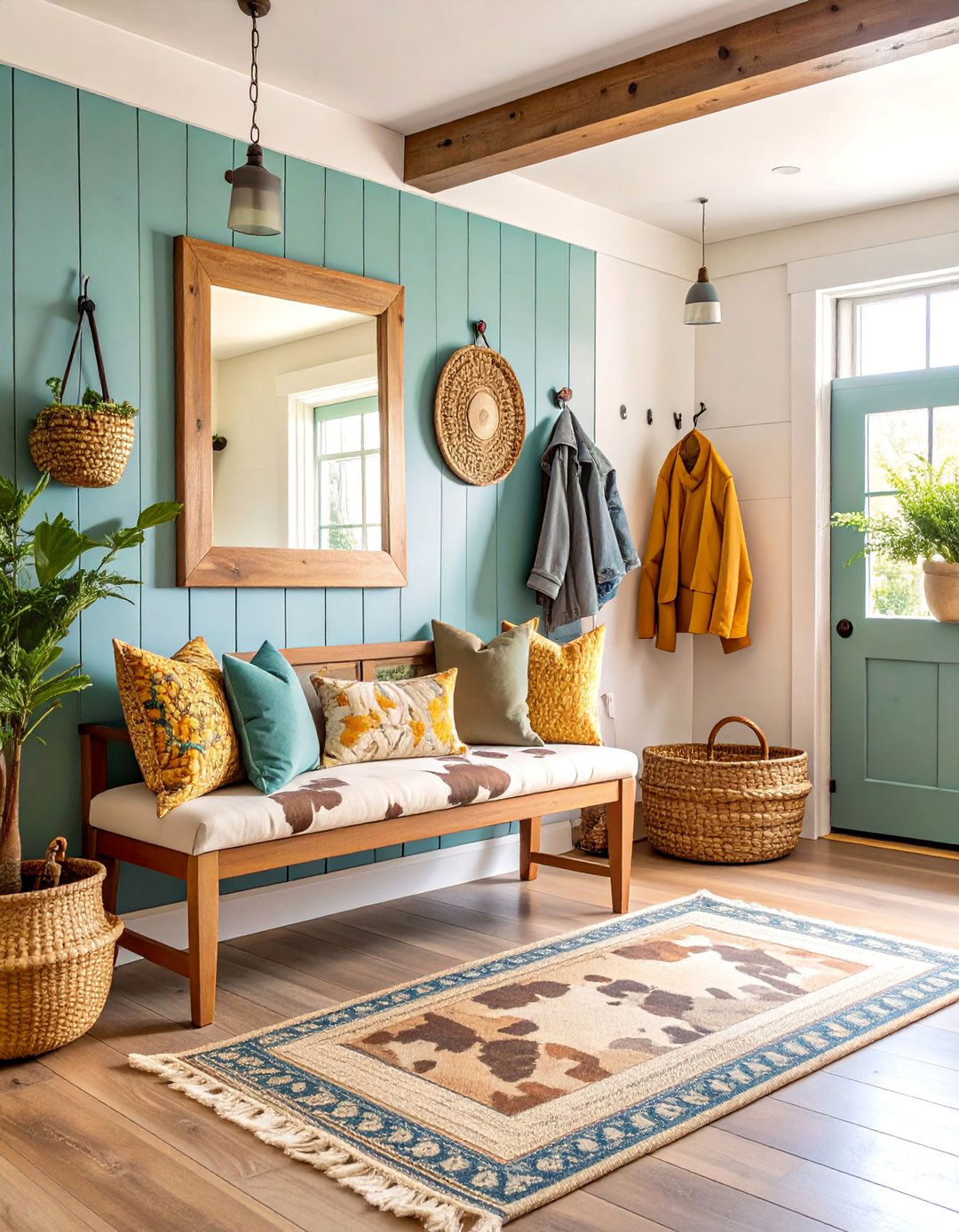 Modern Farmhouse Entryway with Cow Print Bench - 25 Cow Print Room Decor Ideas