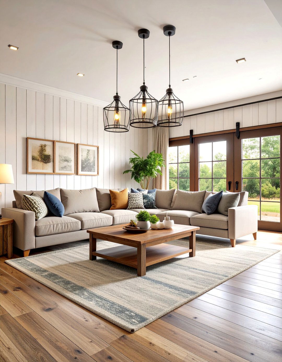 Modern Farmhouse Family Room with Shiplap Walls - 25 basement decorating ideas