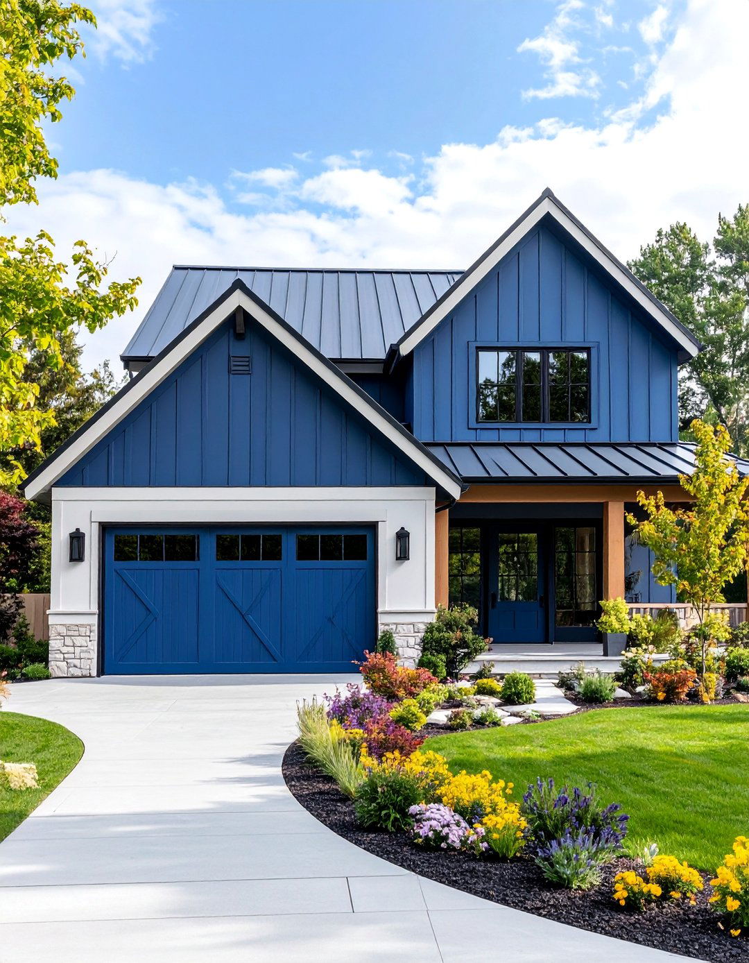 Modern Farmhouse Grey House with Indigo Blue Barn Doors - 25 Grey House With Blue Door Ideas