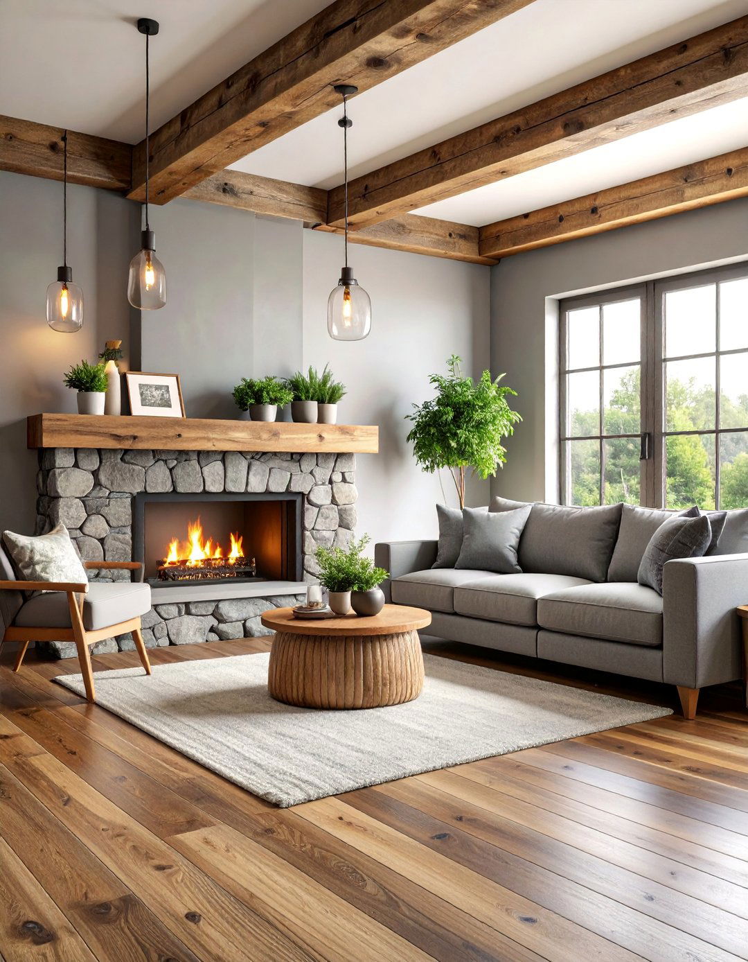 Modern Farmhouse Grey Living Room with Rustic Wood Accents - 25 Grey Living Room With Dark Wood Floors