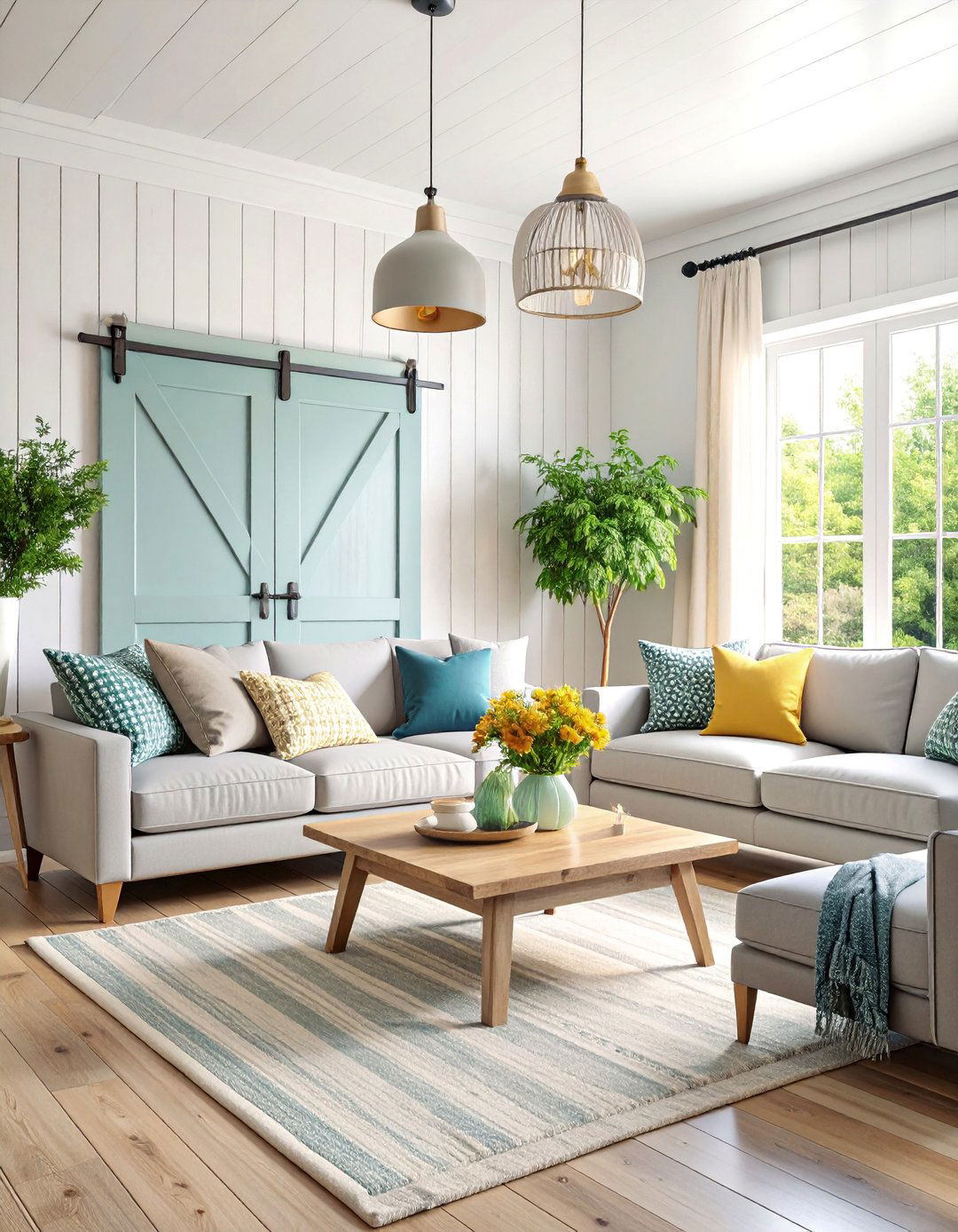 Modern Farmhouse Grey and White Living Room with Shiplap Walls - 25 Grey and White Living Room Ideas