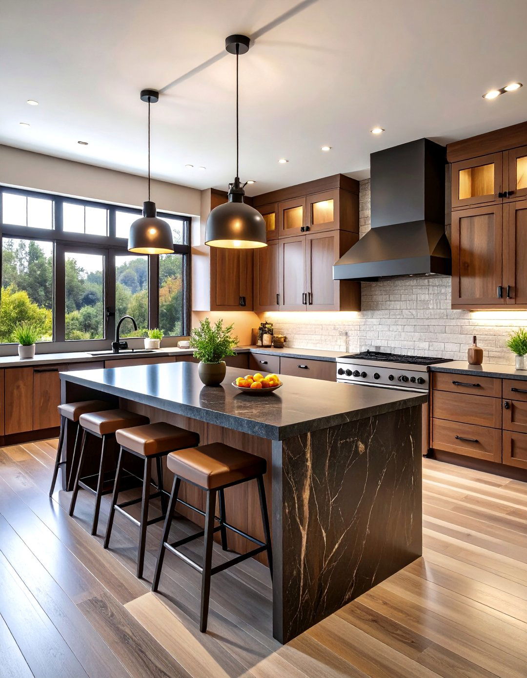 Modern Farmhouse Kitchen with Espresso Brown Island - 25 kitchen with brown cabinets and black countertops ideas