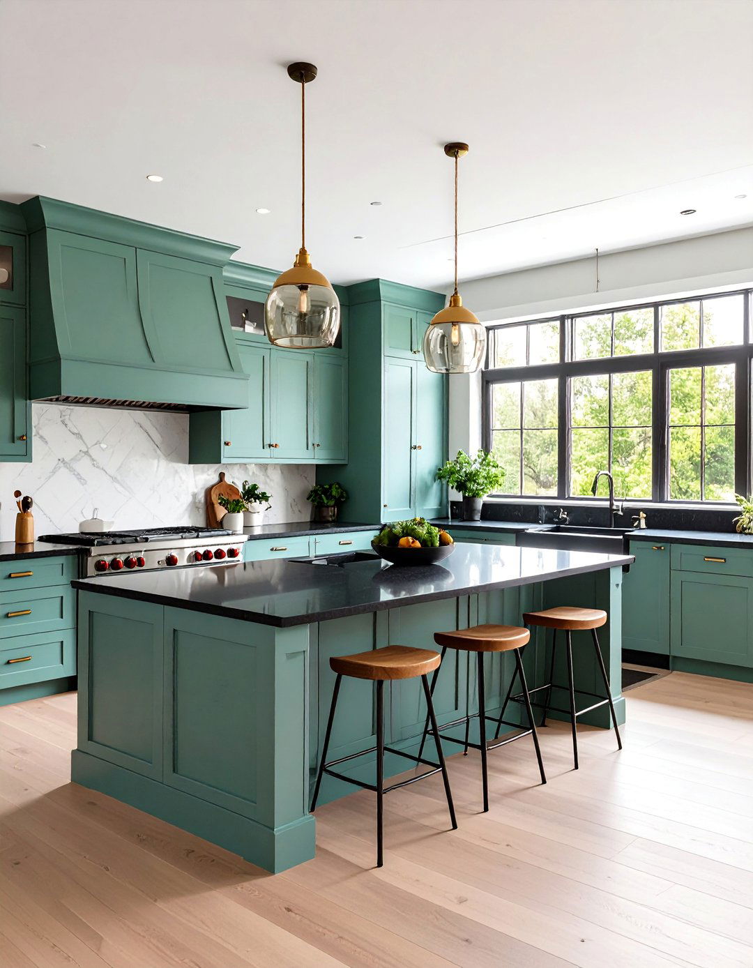 Modern Farmhouse Kitchen with Sage Green Island and Black Granite Countertops - 25 Sage Green and Black Kitchen Ideas