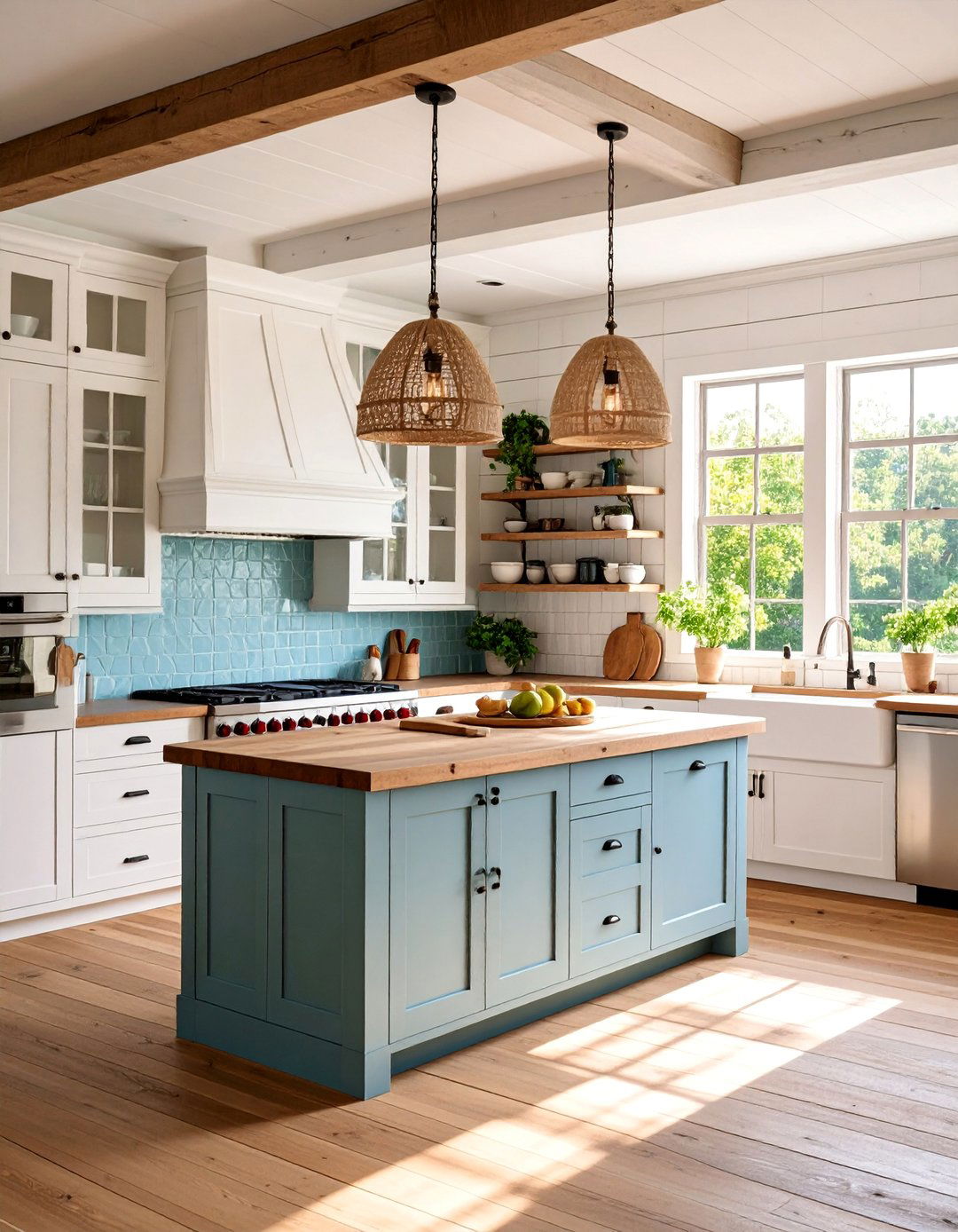 Modern Farmhouse Kitchen with Shiplap and Open Shelves - 25 Kitchens Without Upper Cabinets