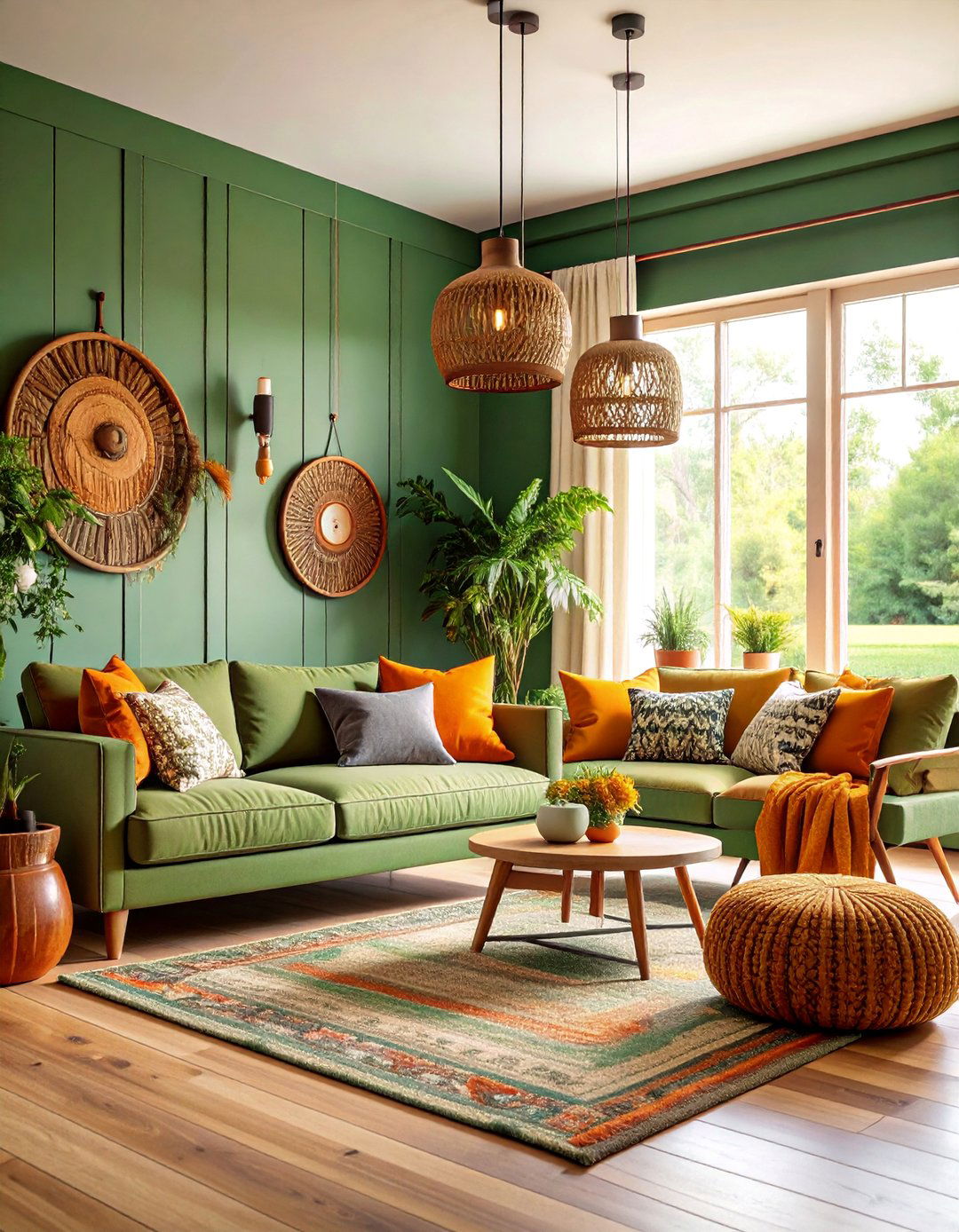 Modern Farmhouse Living Room with Eucalyptus Green and Rust Orange - 25 Green and Orange Living Room Ideas