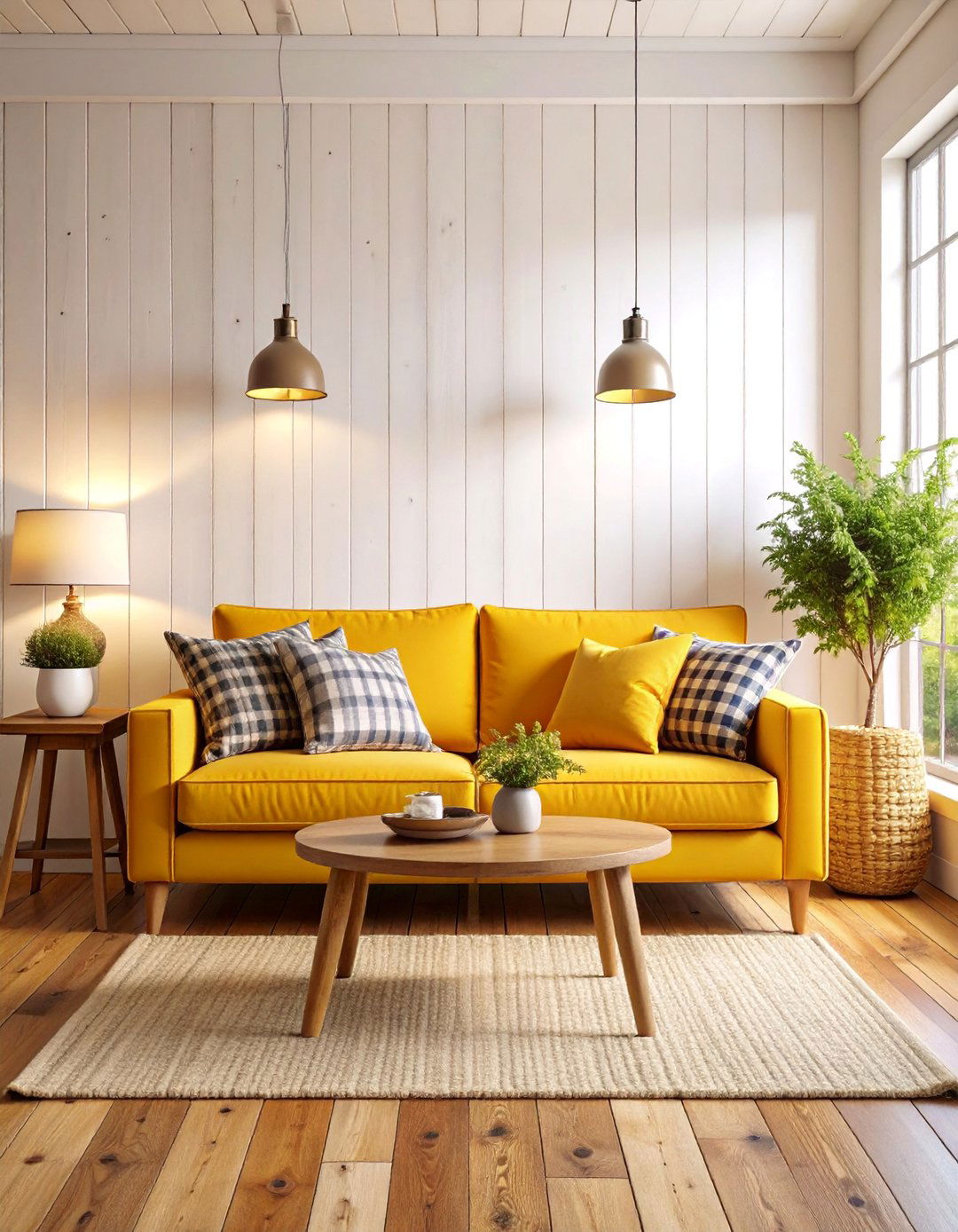 Modern Farmhouse Mustard Sofa with Shiplap and Rustic Wood - 25 Yellow Couch Living Room Ideas