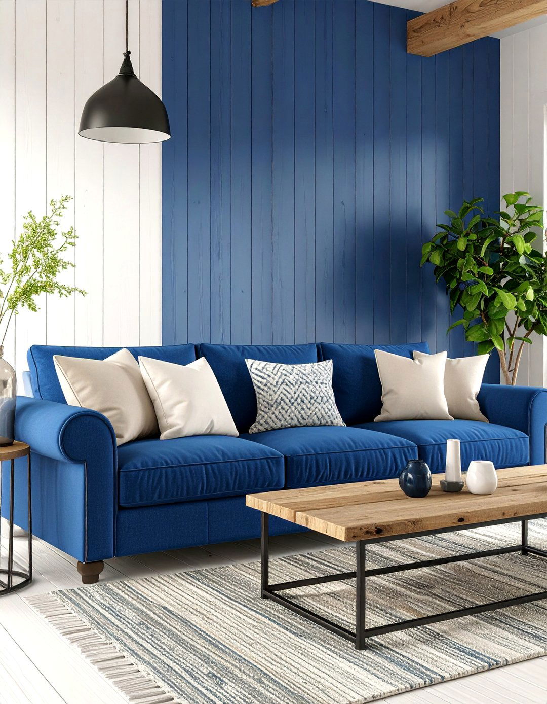 Modern Farmhouse Navy Living Room with Shiplap Walls - 25 Navy Living Room Ideas