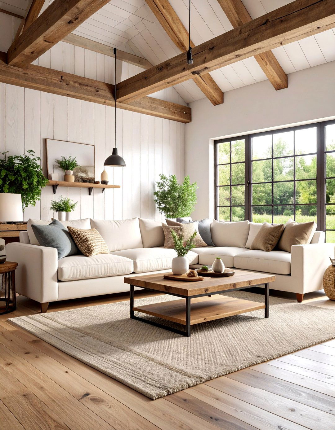 Modern Farmhouse Neutral Living Room with Rustic Elements - 25 Neutral Living Room Ideas