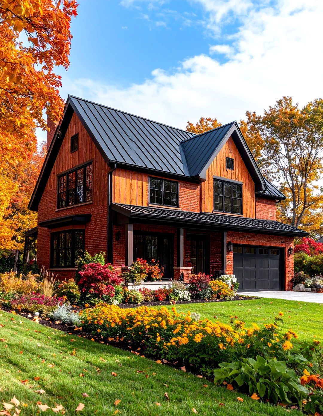 Modern Farmhouse Red Brick House with Black Metal Roof and Trim - 25 Red Brick House with Black Trim Design Ideas