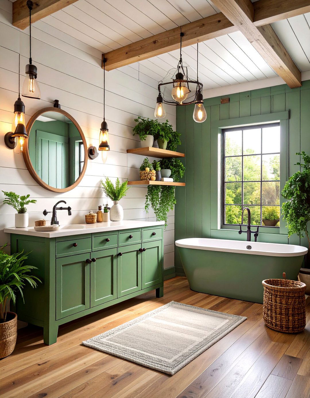 Modern Farmhouse Shiplap Design - 25 black, white and green bathroom ideas