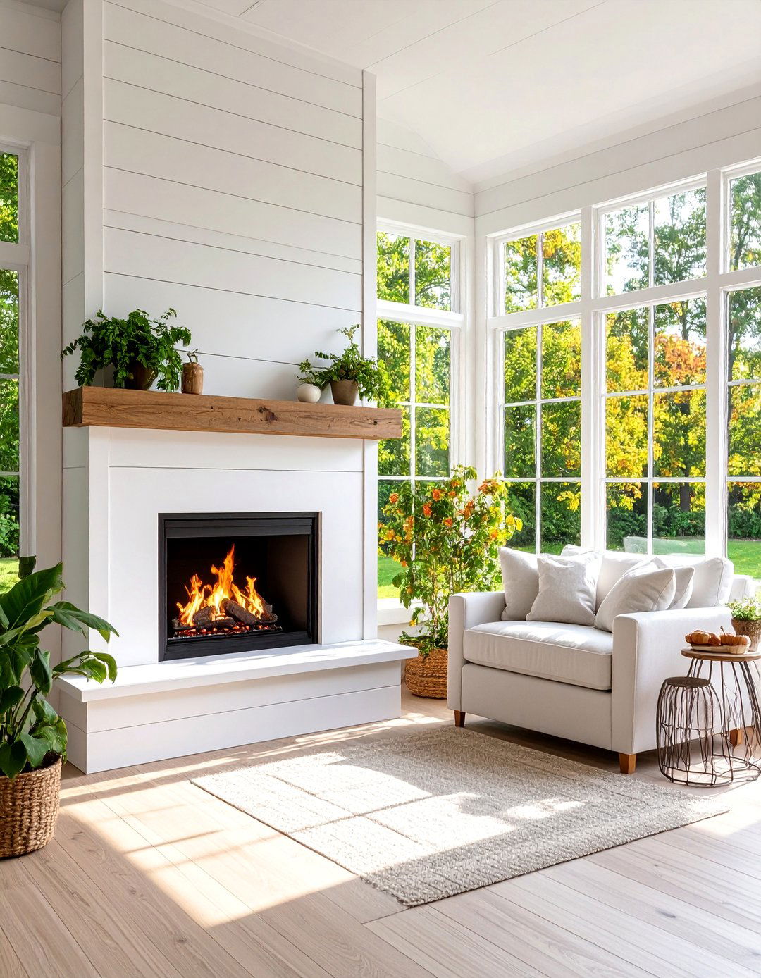 Modern Farmhouse Shiplap Fireplace with Mixed Materials - 25 Sunroom With Fireplace Ideas
