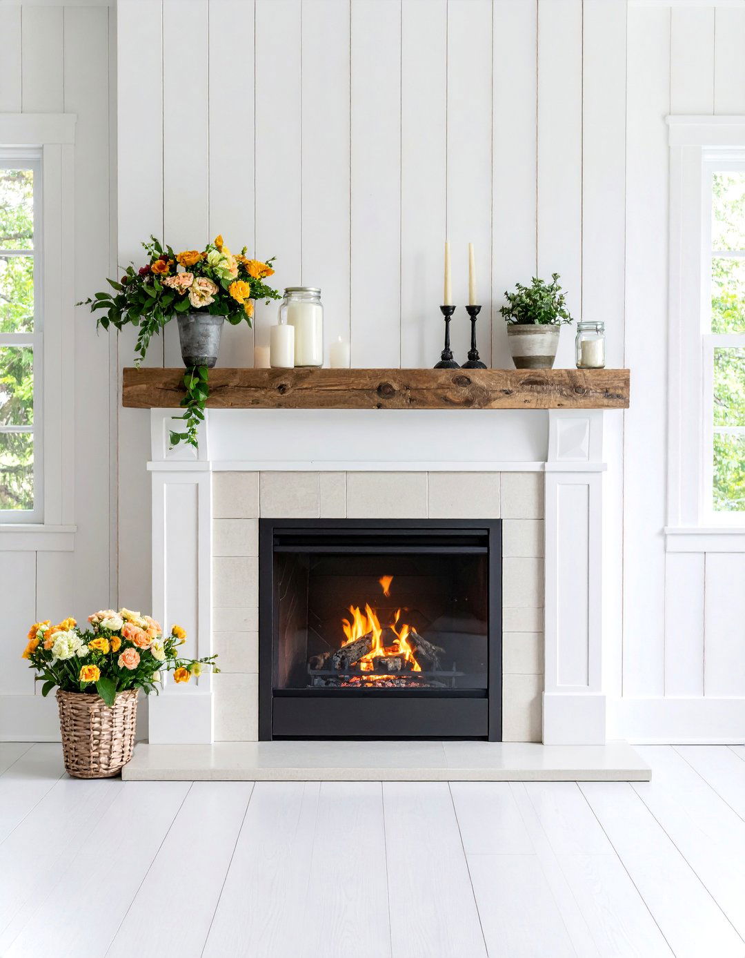 Modern Farmhouse Shiplap Fireplace with Reclaimed Wood Mantel - 25 Faux Fireplace Ideas