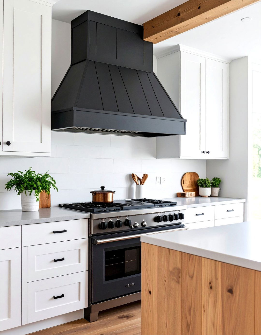 Modern Farmhouse Shiplap Range Hood with Dark Paint - 25 Range Hood Ideas
