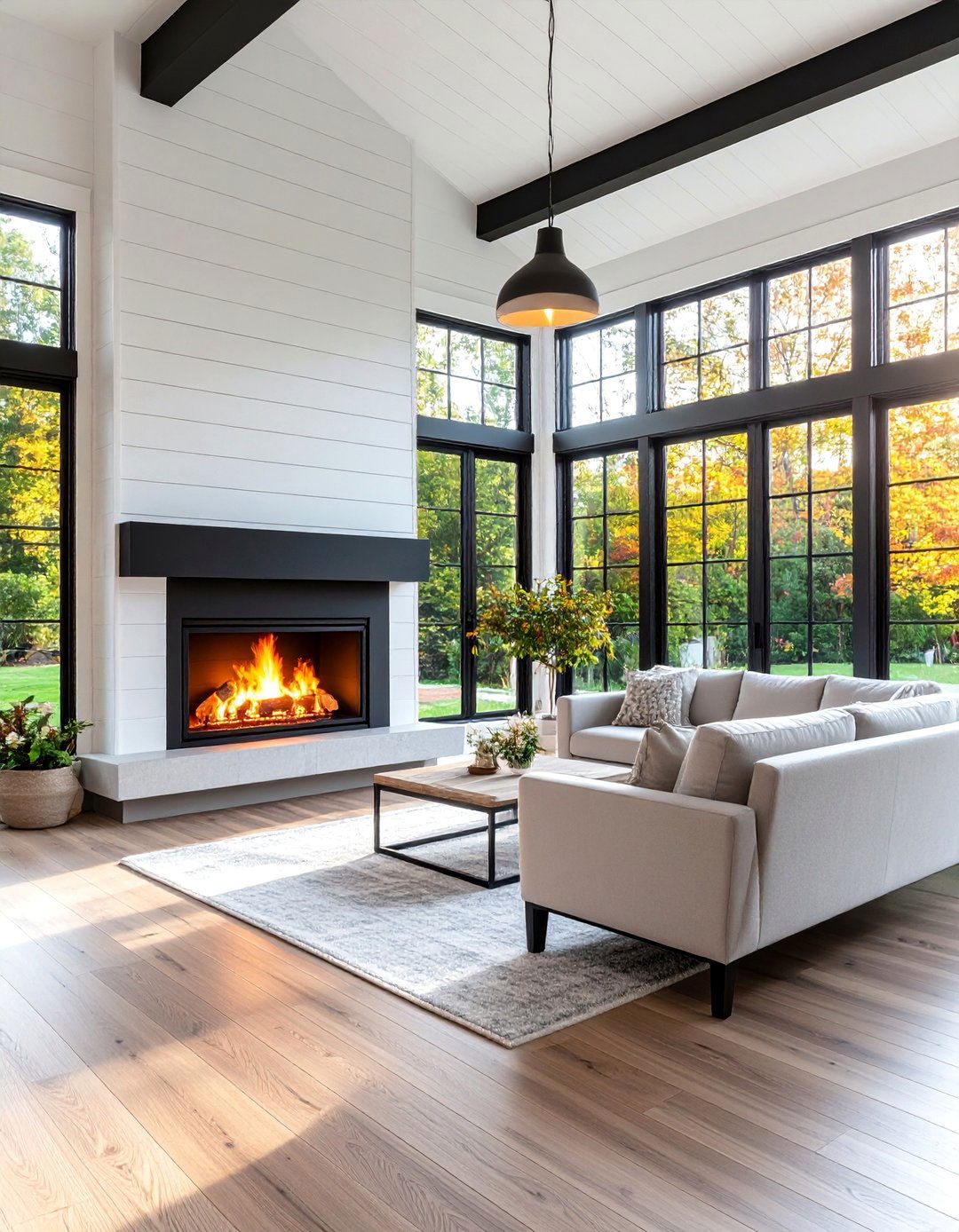 Modern Farmhouse Sunroom with Linear Fireplace and Black Accents - 25 Sunroom With Fireplace