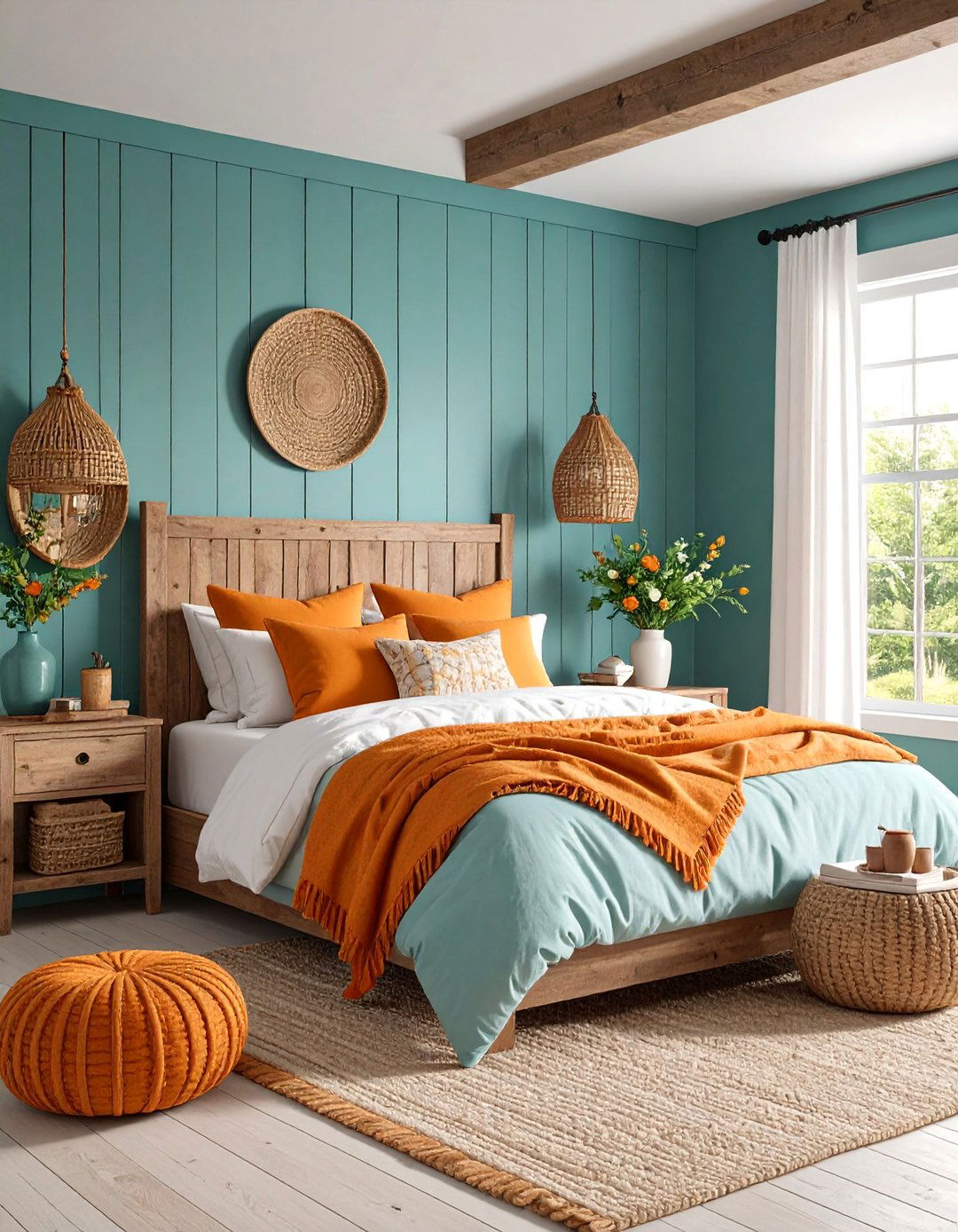 Modern Farmhouse Teal with Orange Vintage Accents - 25 Teal and Orange Bedroom Ideas