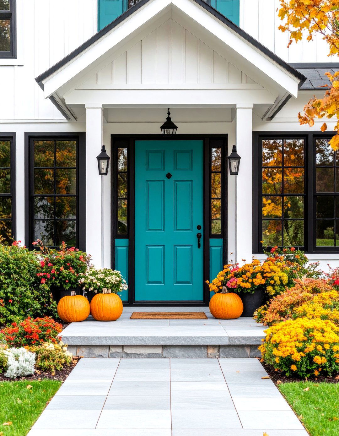 Modern Farmhouse Turquoise Door with Black Accents - 25 Turquoise Front Door Ideas