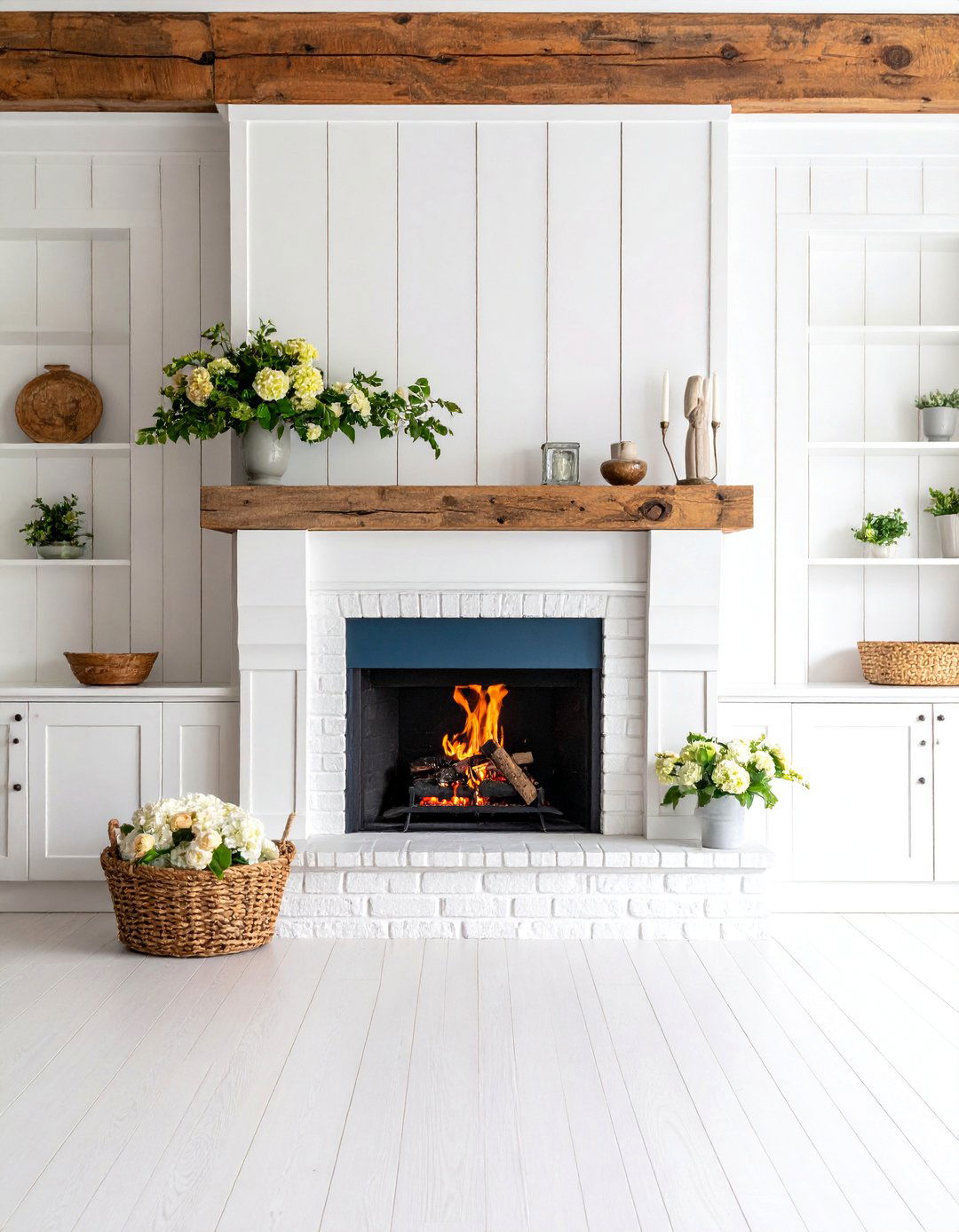 Modern Farmhouse White Brick Fireplace with Reclaimed Wood Mantel - 25 White Brick Fireplace Ideas