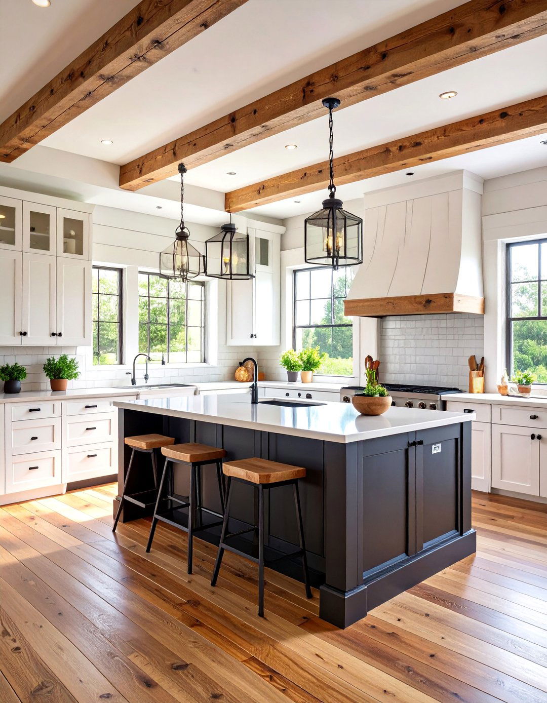 Modern Farmhouse White Kitchen with Black Island and Shiplap - 25 white kitchen ideas with black island