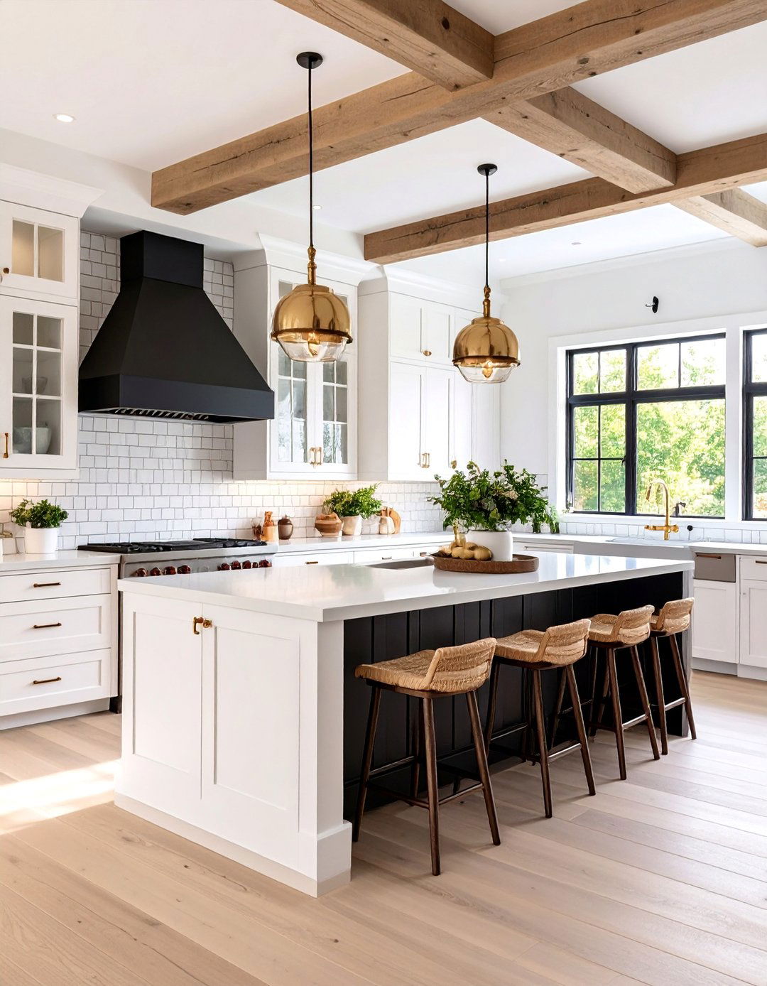 Modern Farmhouse White Kitchen with Black and Gold Accents - 25 White and Gold Kitchen Ideas