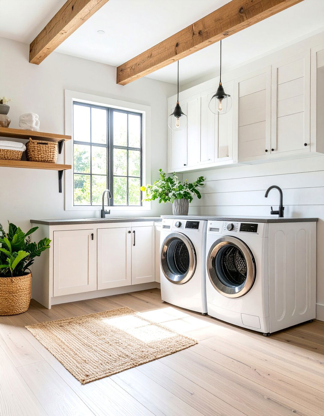 Modern Farmhouse White Laundry Room with Industrial Touches - 25 White Laundry Room Ideas