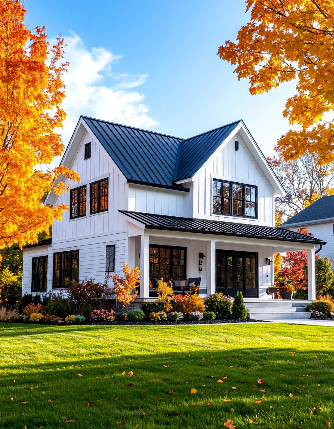 Modern Farmhouse with Black Windows and Mixed Siding Materials - 25 White Farmhouse With Black Windows Ideas