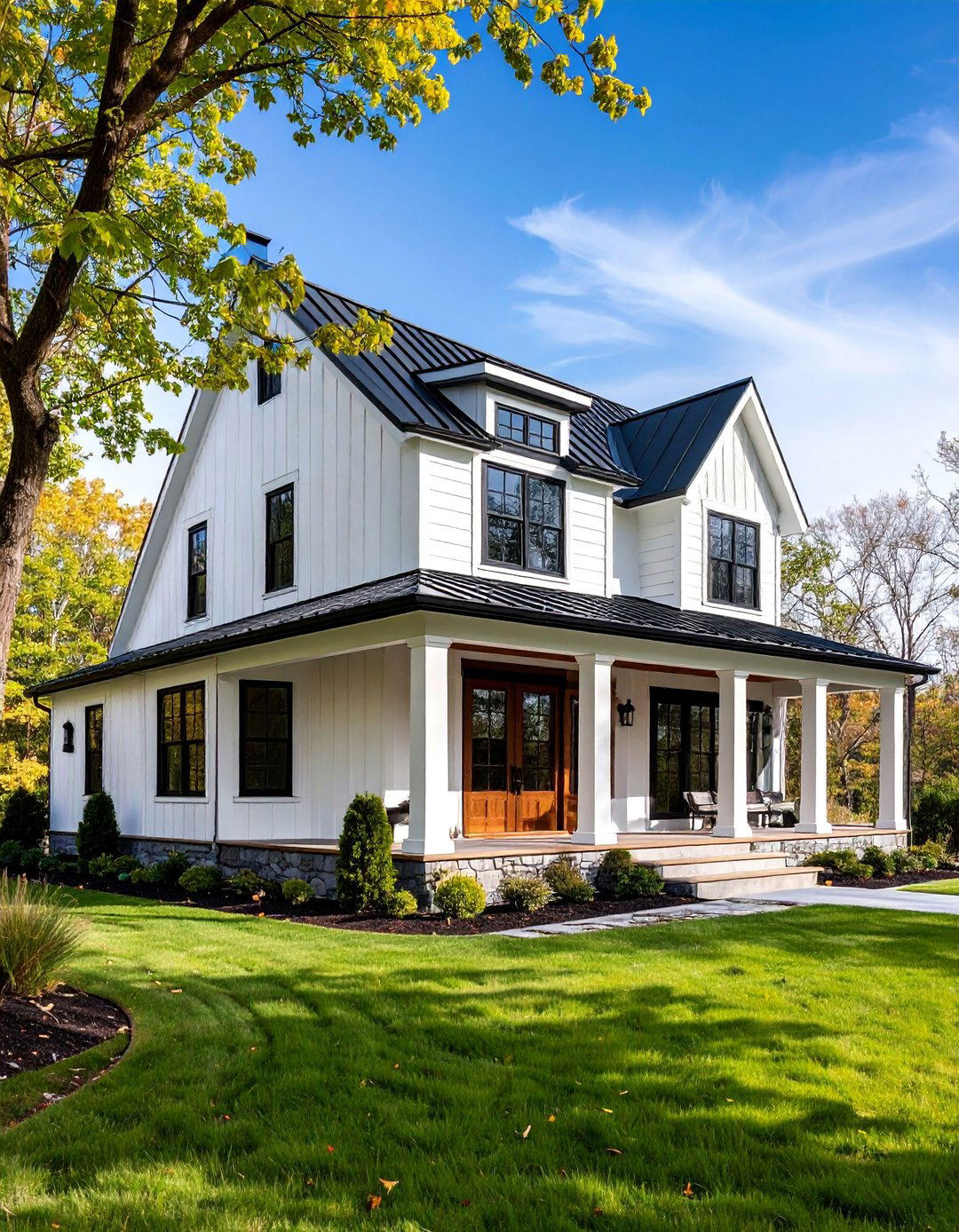 Modern Farmhouse with Board and Batten Siding - 25 White Exterior Home with a Black Roof Ideas