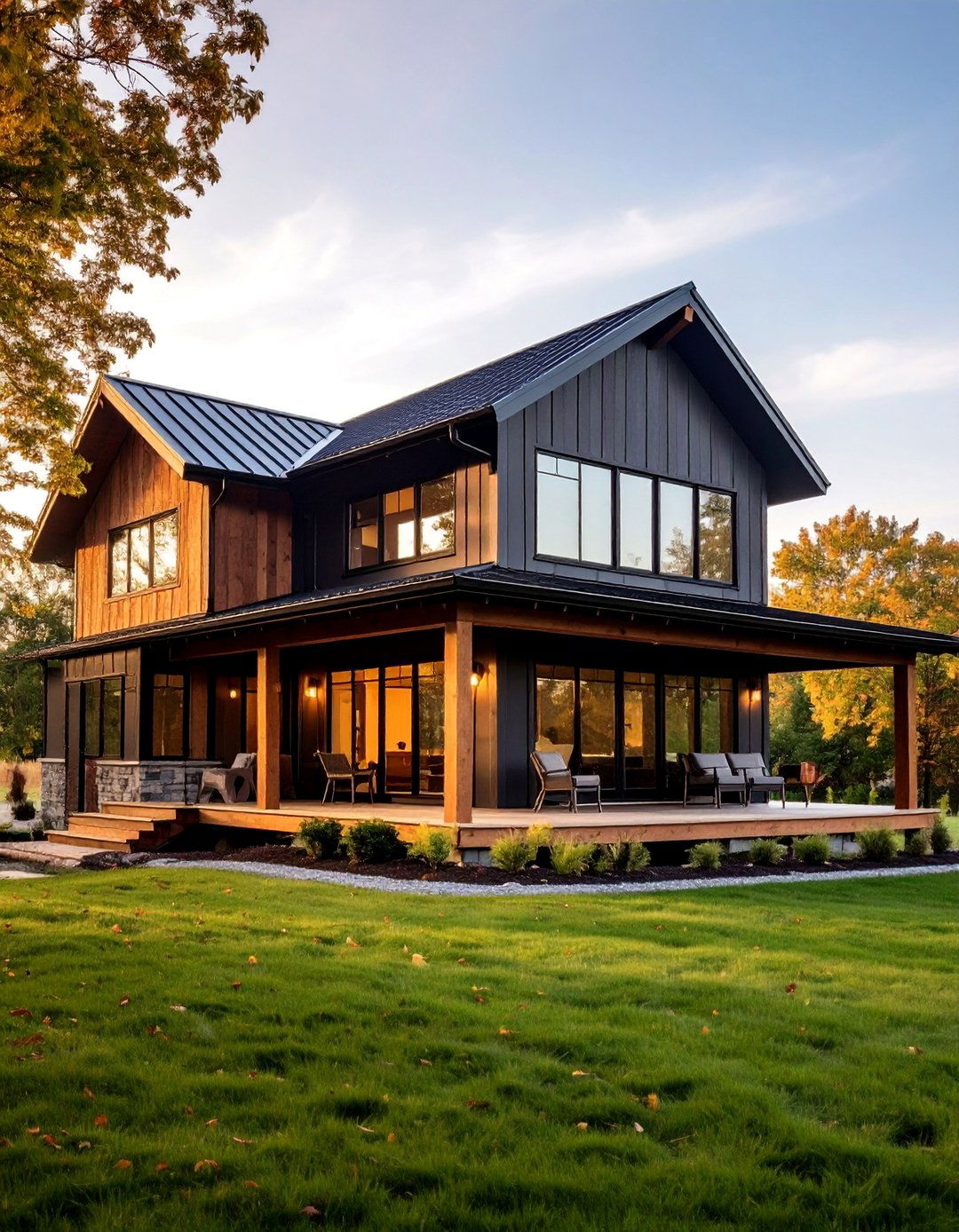 Modern Farmhouse with Natural Wood Features - 25 Dark Olive Green House Designs