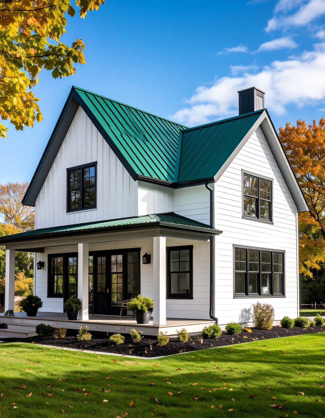 Modern Farmhouse with Pine Green Metal Roof - 25 Dark Green Exterior Ideas