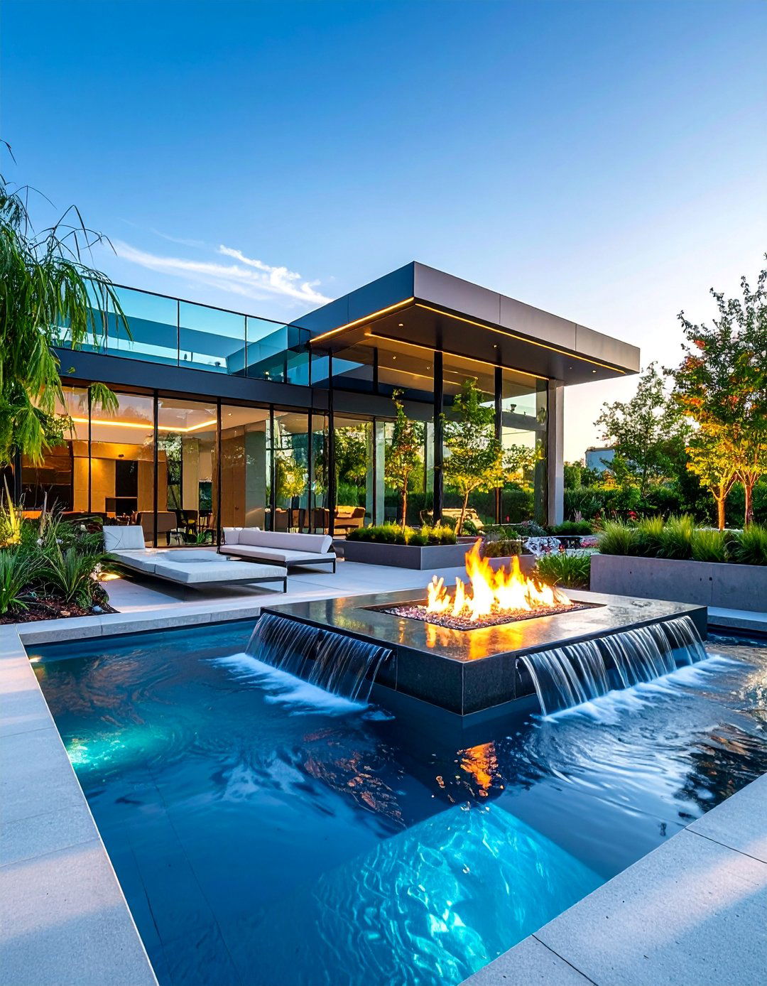 Modern Fire and Water Feature with Glass Elements - 25 Sunken Fire Pit Ideas