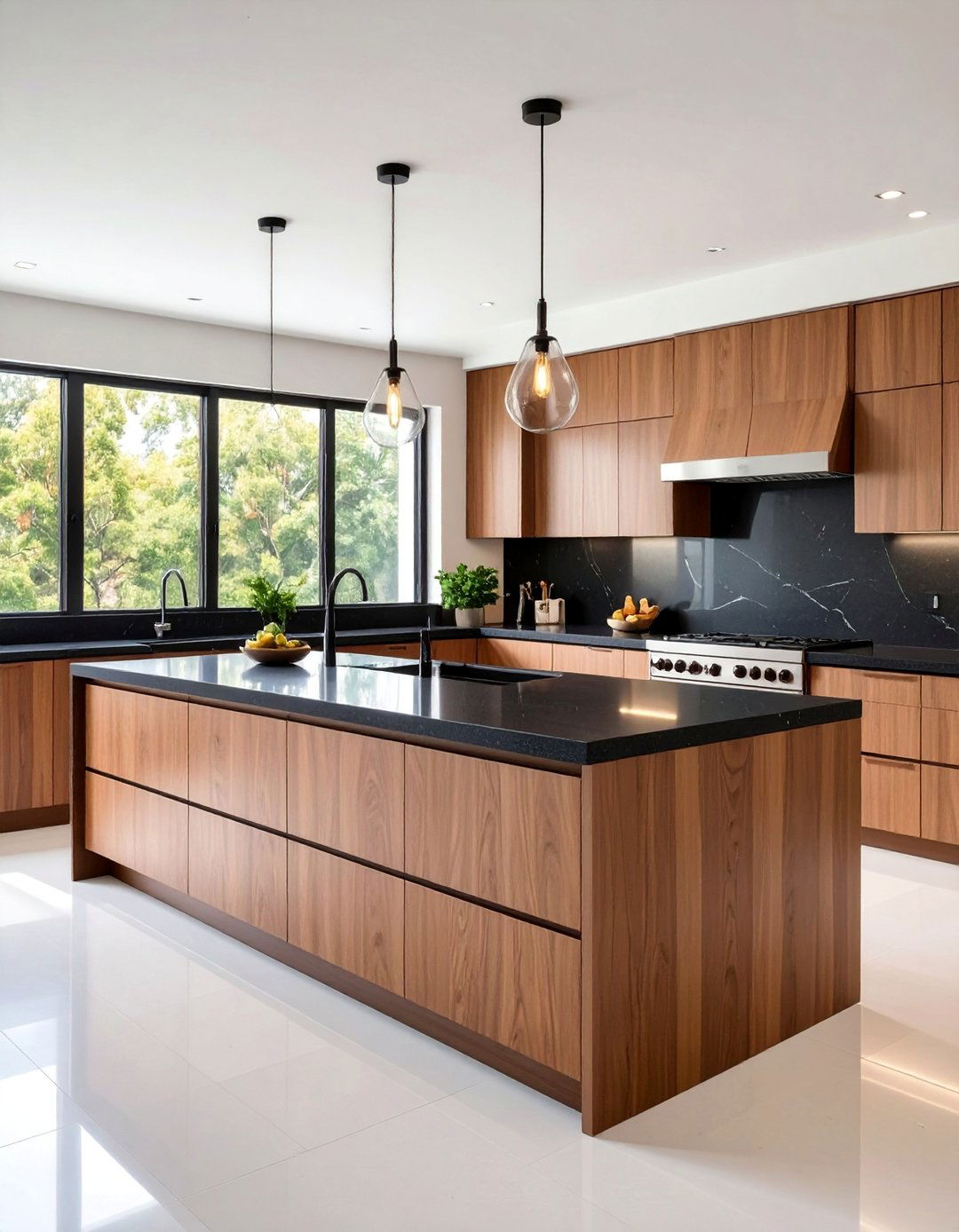Modern Flat Panel Brown with Black Quartz Waterfall - 25 Brown Kitchen Cabinets With Black Countertops