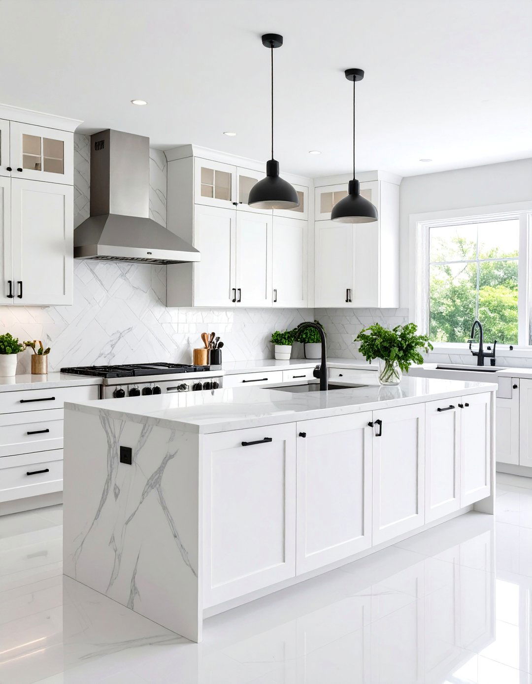 Modern Flat Panel Kitchen with Sleek Bar Pulls - 25 White Kitchen Cabinets With Black Hardware