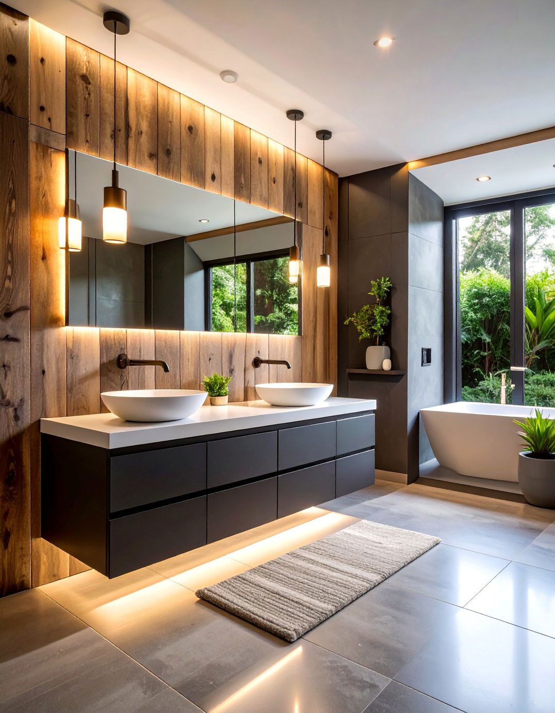Modern Floating Black Vanity with Reclaimed Wood Accent Wall - 25 Black and Wood Bathroom Ideas