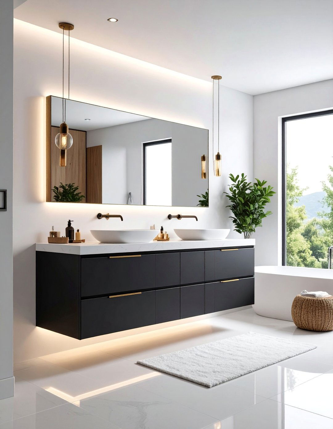 Modern Floating Black Vanity with White Quartz - 25 Black Vanity Bathroom Ideas