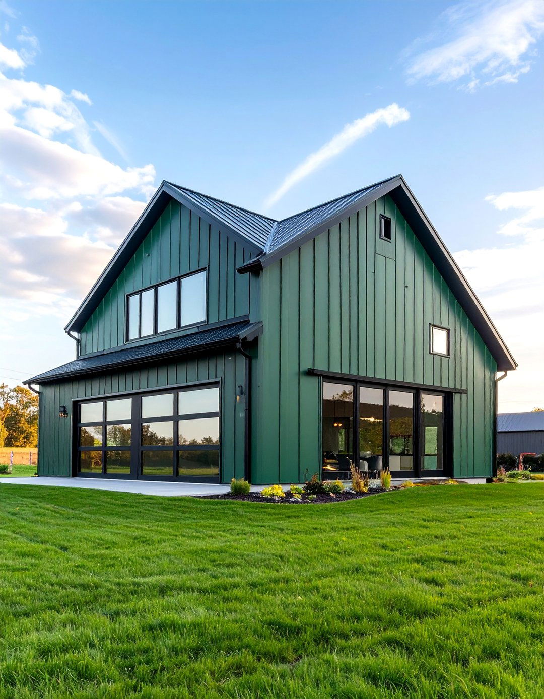 Modern Forest Green Barn House with Black Steel Frame - 25 Forest Green House With Black Trim