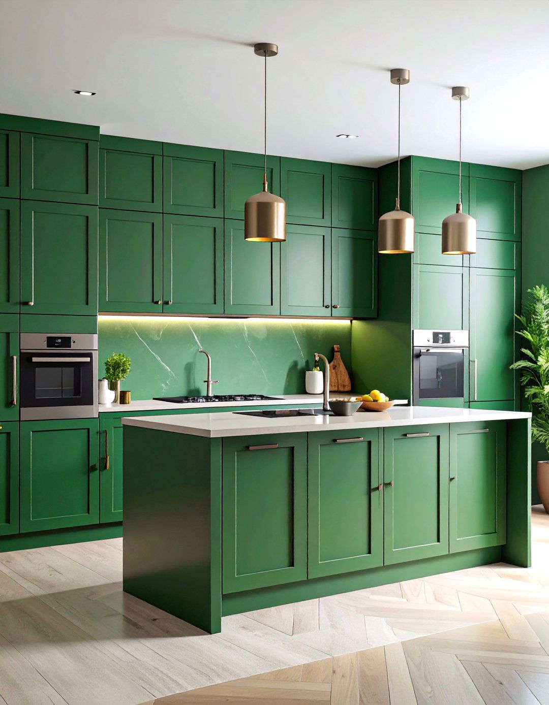 Modern Forest Green Kitchen with Waterfall Countertops - 25 Forest Green Kitchen Ideas
