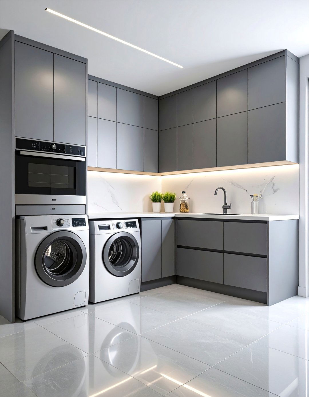 Modern Galley Utility Room with Handleless Cabinets - 25 Utility Room Ideas