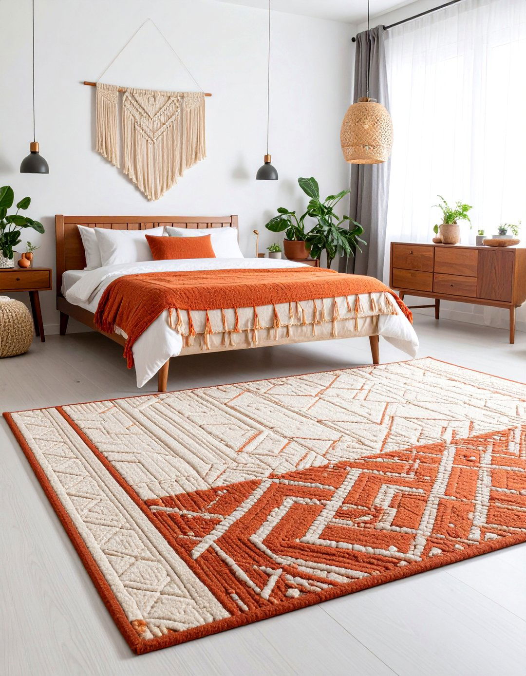 Modern Geometric Bedroom Rug in Earthy Terracotta - 25 bedroom rug ideas
