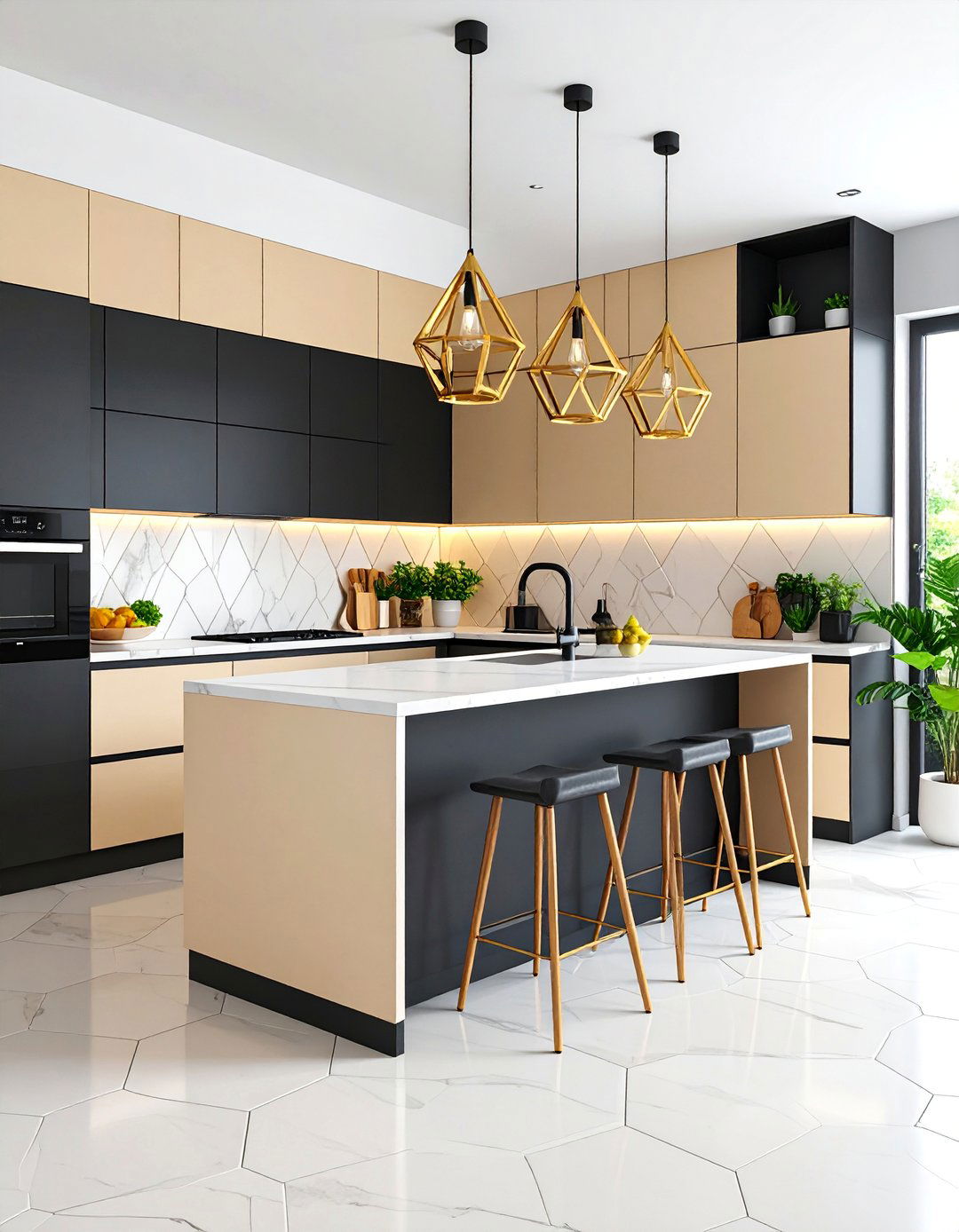 Modern Geometric Black and Beige Kitchen - 25 black and beige kitchen ideas