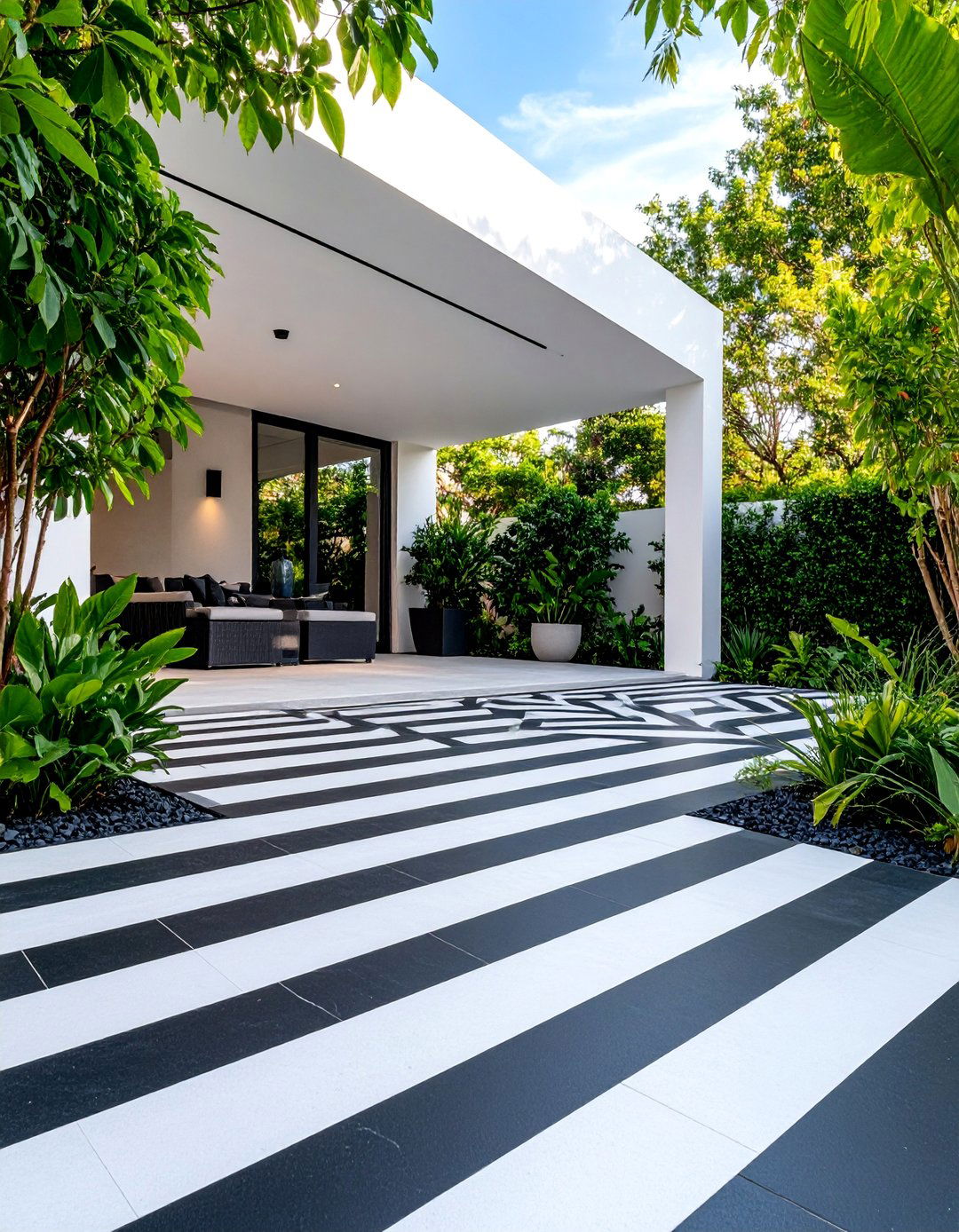 Modern Geometric Chevron Design - 25 Painted Concrete Patio Ideas