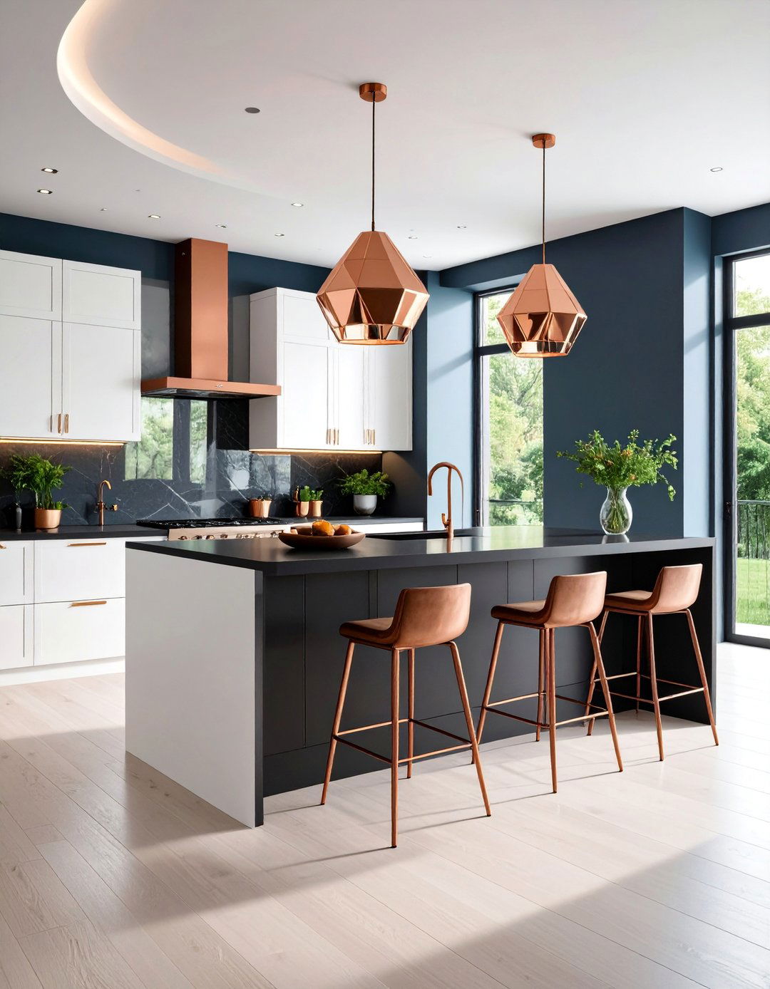 Modern Geometric Copper Lighting with Black Kitchen Island - 25 black and copper kitchen ideas
