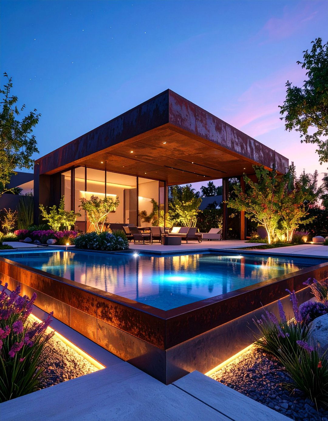 Modern Geometric Corten Steel Pond - 25 Raised Garden Pond Ideas