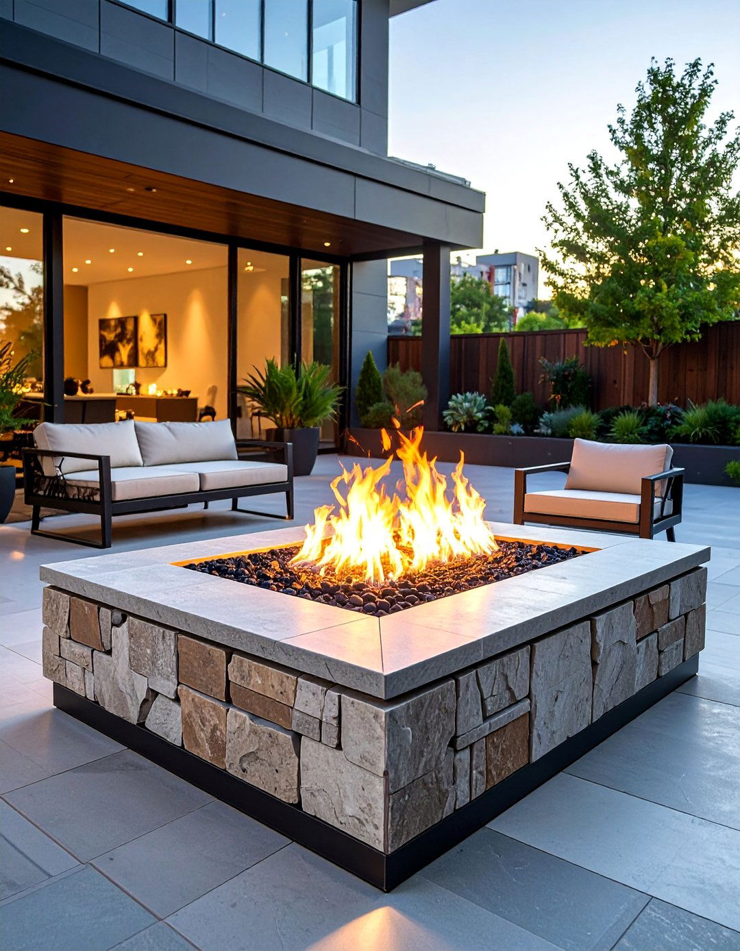 Modern Geometric Flagstone Fire Pit with Steel Accents - 25 Flagstone Fire Pit Ideas